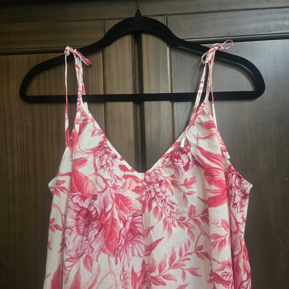 HM Pink Floral Toile Cotton Maxi Dress Tie Strap Womens Small V-Neck Summer - Picture 10 of 13